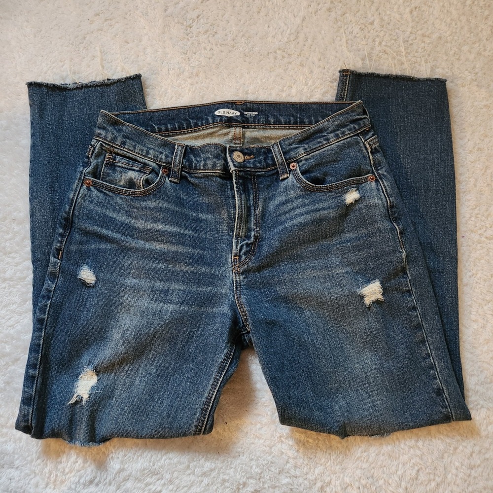 Old Navy Womens Boyfriend Jeans Mid Rise Distressed Blue‎ Denim Size 2
